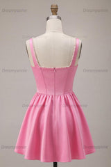 Pink Satin A-Line Corset Beaded Short Homecoming Dress