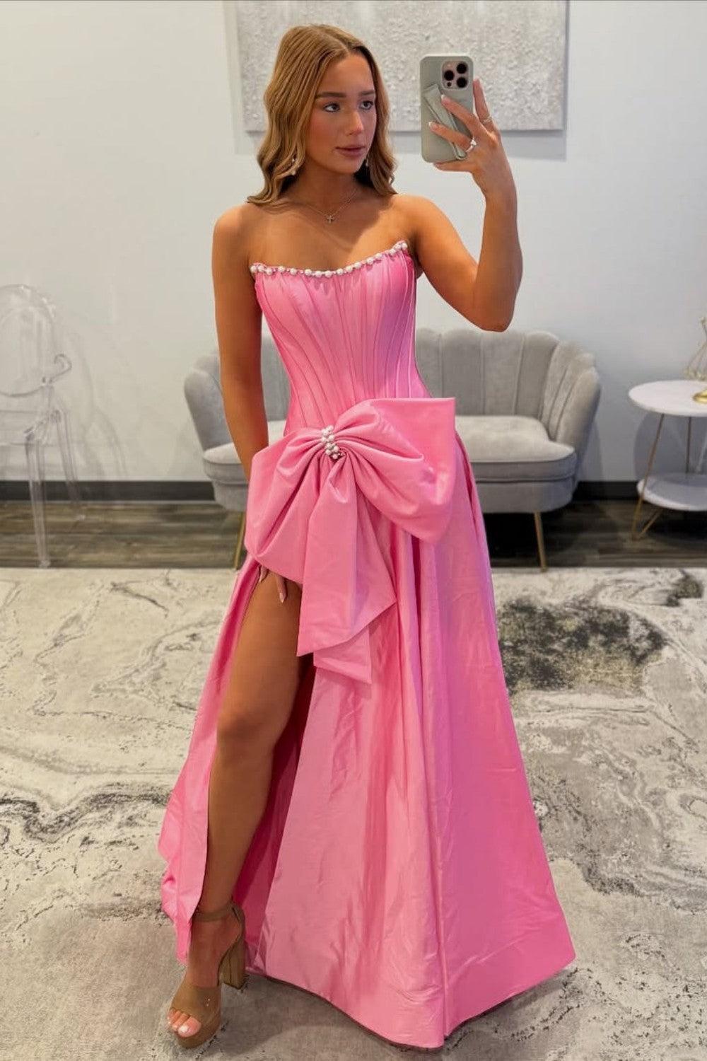 Pink Satin Corset Prom Dress With Neckline Pearl Trim & Oversized Bow Formal Evening Gown