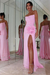 Pink Satin Mermaid Prom Dress With Strapless Bodice Pleated Skirt And 3D Floral Accent Formal Evening Gown