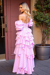 Pink Sequin Tiered A-Line Strapless High-Low Homecoming Dress