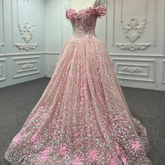 Pink Sequined Quinceanera Dress Ball Gown Sweet 16 Dress with Flowers