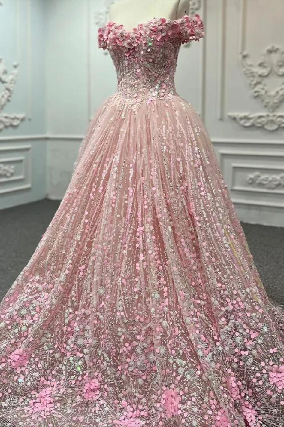 Pink Sequined Quinceanera Dress Ball Gown Sweet 16 Dress with Flowers