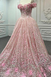 Pink Sequined Quinceanera Dress Ball Gown Sweet 16 Dress with Flowers