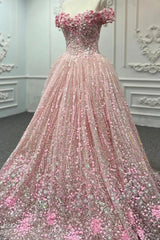 Pink Sequined Quinceanera Dress Ball Gown Sweet 16 Dress with Flowers
