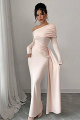 Pink Sheath/Column Prom Dress Long Sleeve Asymmetric Neck Satin Formal Dress