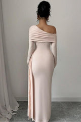 Pink Sheath/Column Prom Dress Long Sleeve Asymmetric Neck Satin Formal Dress