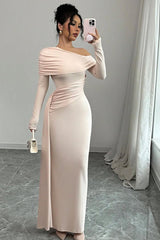 Pink Sheath/Column Prom Dress Long Sleeve Asymmetric Neck Satin Formal Dress