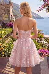 Pink Floral Strapless Corset A-Line Short Homecoming Dress