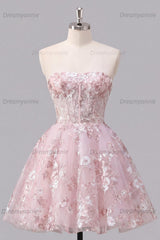Pink Floral Strapless Corset A-Line Short Homecoming Dress