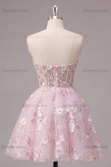 Pink Floral Strapless Corset A-Line Short Homecoming Dress