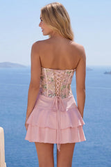 Pink Short Floral A Line Homecoming Dress with Ruffles
