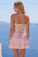 Pink Floral A-Line Short Homecoming Dress with Ruffles