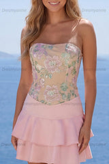 Pink Floral A-Line Short Homecoming Dress with Ruffles