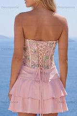 Pink Floral A-Line Short Homecoming Dress with Ruffles