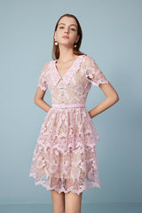 Pink Short Sleeve Lace Tiered Short Casual Summer Dress