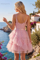 Pink Floral Spaghetti Straps Ruffled Tulle A-Line Short Homecoming Dress