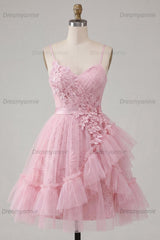 Pink Floral Spaghetti Straps Ruffled Tulle A-Line Short Homecoming Dress