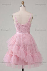Pink Floral Spaghetti Straps Ruffled Tulle A-Line Short Homecoming Dress