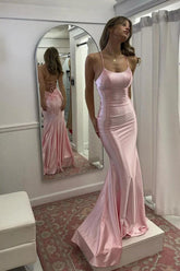 Pink Spaghetti Strap Satin Mermaid Prom Dress With Lace-Up Back Formal Evening Gown