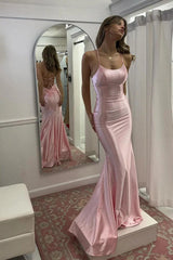 Pink Spaghetti Strap Satin Mermaid Prom Dress With Lace-Up Back Formal Evening Gown