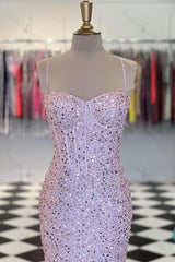 Pink Spaghetti Straps Mermaid Prom Dress Sleeveless Sequined Formal Dress