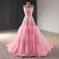 Pink Spaghetti Straps Prom Dress A Line Lace Up Beaded Evening Dress