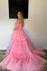 Pink Spaghetti Straps Prom Dress Tiered Appliques Long Cocktail Dress with Slit