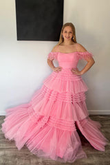 Pink Spaghetti Straps Prom Dress Tiered Appliques Long Cocktail Dress with Slit