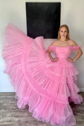 Pink Spaghetti Straps Prom Dress Tiered Appliques Long Cocktail Dress with Slit