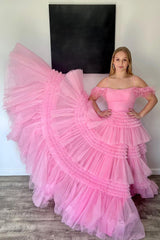 Pink Spaghetti Straps Prom Dress Tiered Appliques Long Cocktail Dress with Slit