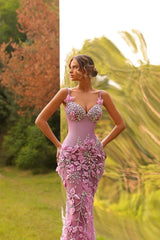 Pink Spaghetti Straps Prom Dress Tulle Mermaid Formal Dress with 3D Flowers