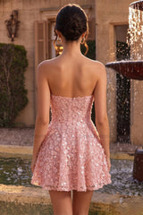 Pink Sparkly Sequins Floral Strapless A Line Short Homecoming Dress