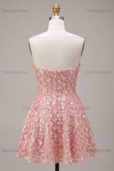 Pink Sparkly Sequins Floral Strapless A Line Short Homecoming Dress