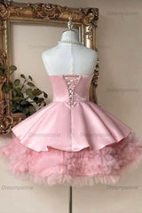 Pink Strapless A-Line Homecoming Dress with Bow & Ruffle Hem