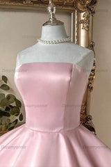 Pink Strapless A-Line Homecoming Dress with Bow & Ruffle Hem