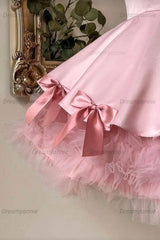 Pink Strapless A-Line Homecoming Dress with Bow & Ruffle Hem