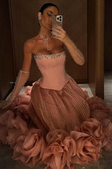 Pink Strapless Corset Prom Dress With Beaded Bodice And Tulle Skirt Formal Evening Gown