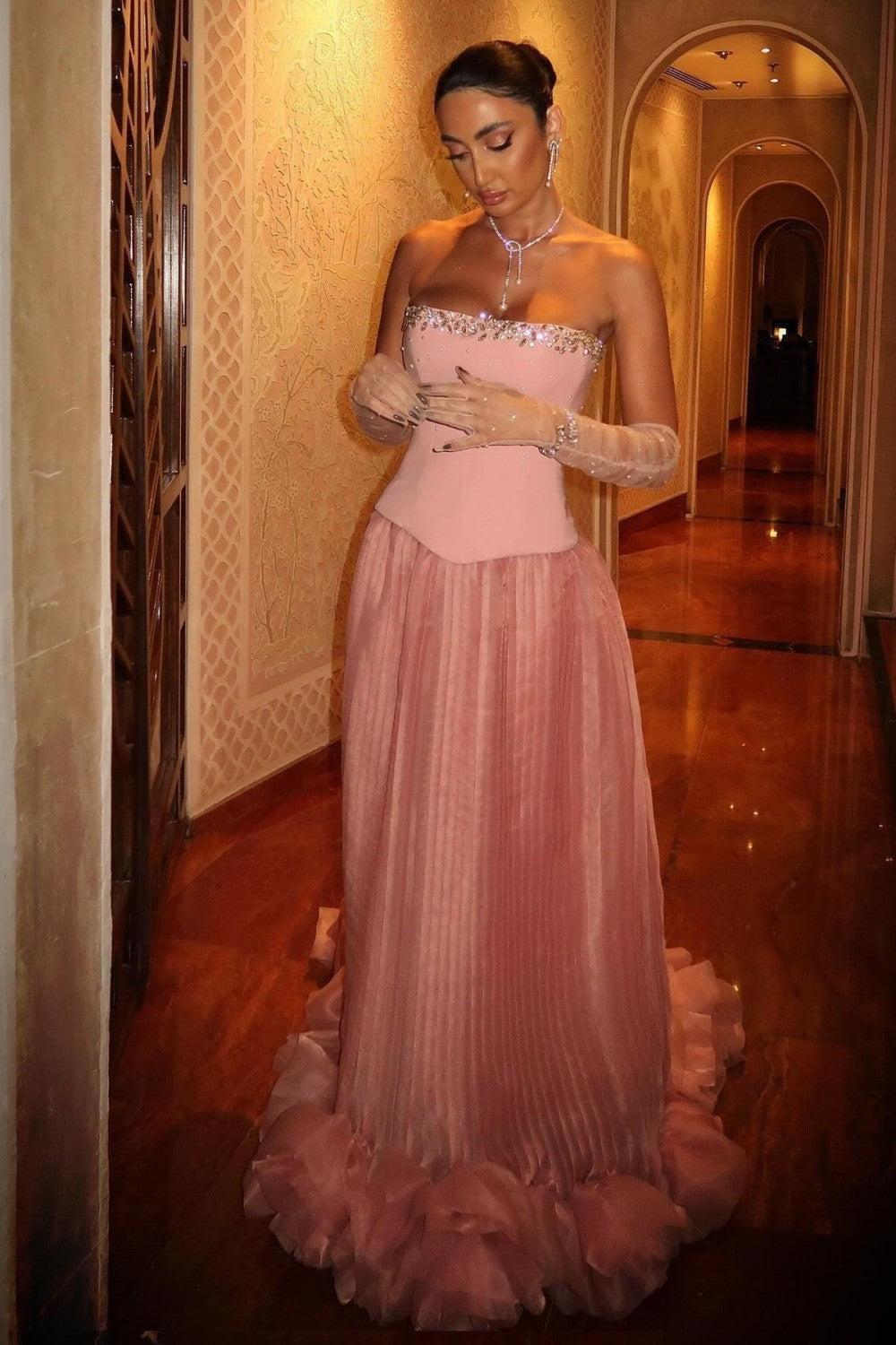 Pink Strapless Corset Prom Dress With Beaded Bodice And Tulle Skirt Formal Evening Gown