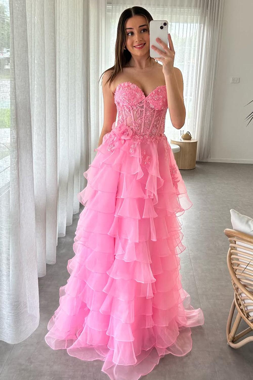 Pink Strapless Prom Gown With 3D Floral Lace Bodice And Tiered Chiffon Ruffles Formal Evening Gown