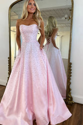 Pink Strapless Satin Prom Dress A Line Formal Evening Gown with Beadings