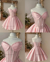 Pink Sweetheart Corset A-Line Homecoming Dress with Pearl Straps