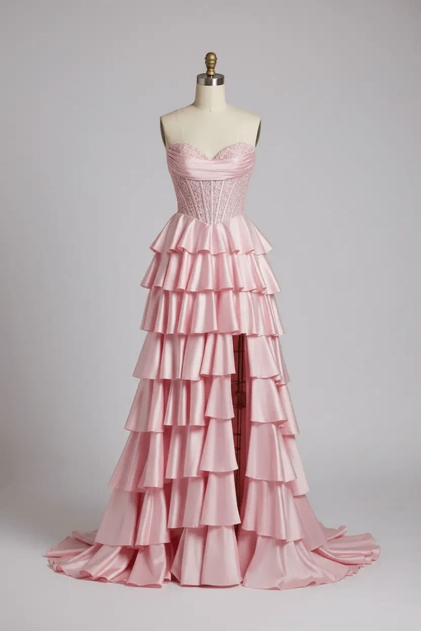 Pink Sweetheart Neck Prom Dress Satin Lace A Line Tiered Formal Dress