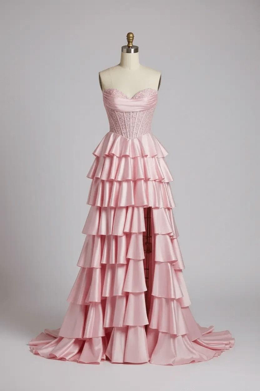 Pink Sweetheart Neck Prom Dress Satin Lace A Line Tiered Formal Dress
