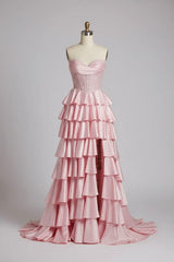 Pink Sweetheart Neck Prom Dress Satin Lace A Line Tiered Formal Dress
