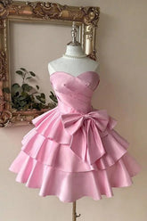Pink Tiered Homecoming Dress Sleeveless Sweetheart Satin Cocktail Dress