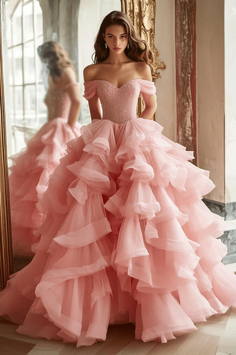 strapless open back dress Hot Pink V-Neck Ruffle Tiered Long Prom Dress with Beaded Waist