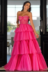 Pink Tiered Prom Dress Sleeveless Sweetheart Formal Dress