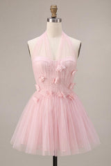 Pink Tulle A-Line Halter Short Homecoming Dress with 3D Flowers
