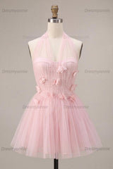 Pink Tulle A-Line Halter Short Homecoming Dress with 3D Flowers