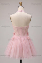Pink Tulle A-Line Halter Short Homecoming Dress with 3D Flowers